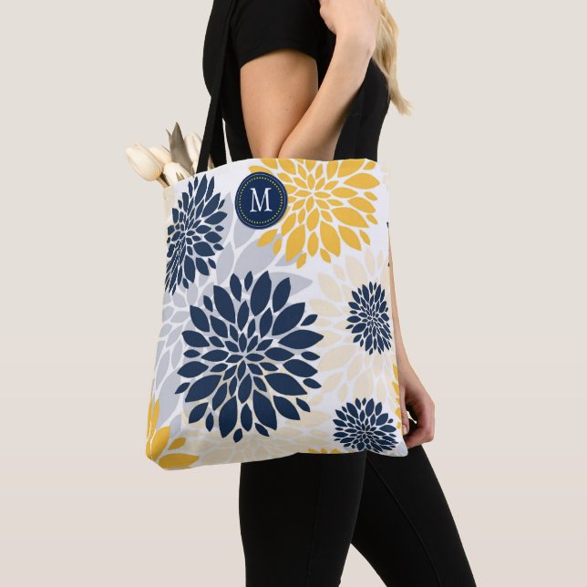 Bolsa Tote Monograma Floral de marinho Azul Dourado de Tamanh (Close Up)