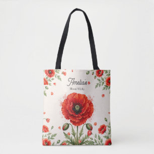 Bolsa Tote Monograma Floral de Papoula Vermelha em Aquarela A