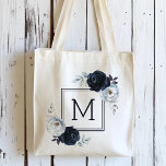 Bolsa Tote Monograma Floral de Peony Azul marinho<br><div class="desc">Este saco de totas apresenta pedras pintadas de aquarelas em azul e branco marinho,  e monograma com quadros quadrados. Para uma personalização mais avançada deste design,  clique no BOTÃO FERRAMENTA DESIGN AZUL.</div>