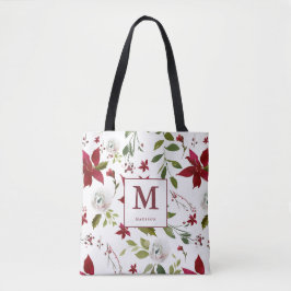 Bolsa Tote Monograma Floral de Poinsettia Chic com Nome