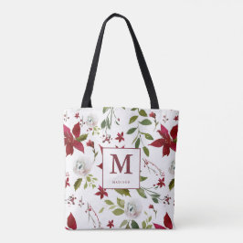Bolsa Tote Monograma Floral de Poinsettia Chic com Nome