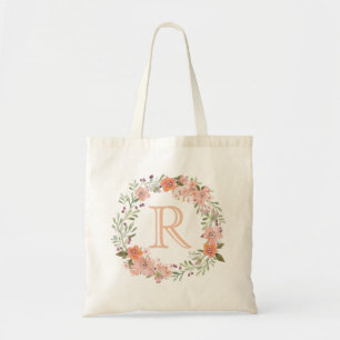 Bolsa Tote Monograma floral do pêssego romântico