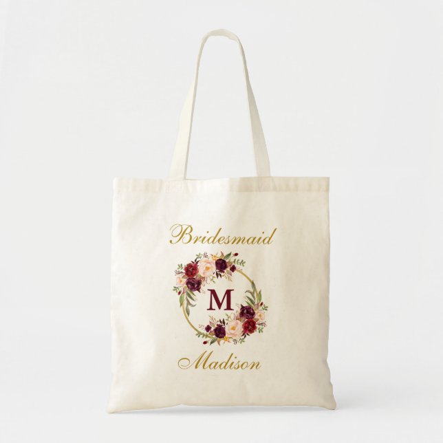 Bolsa Tote Monograma Floral Dourado Burgundy Bridesmaid (Frente)