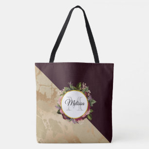 Bolsa Tote Monograma Floral Dourado Marble e Burgundy
