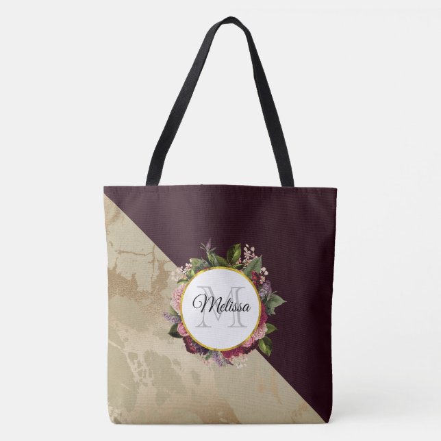 Bolsa Tote Monograma Floral Dourado Marble e Burgundy (Frente)