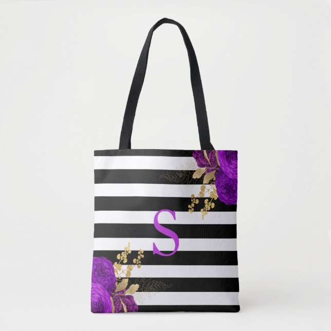 Bolsa Tote Monograma Floral Dourado Roxo Branco Preto (Frente)