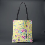 Bolsa Tote Monograma Floral e Borboleta Amarelo<br><div class="desc">Vestir sua roupa ou feriado comprando com este saco floral amarelo chico e borboleta.</div>