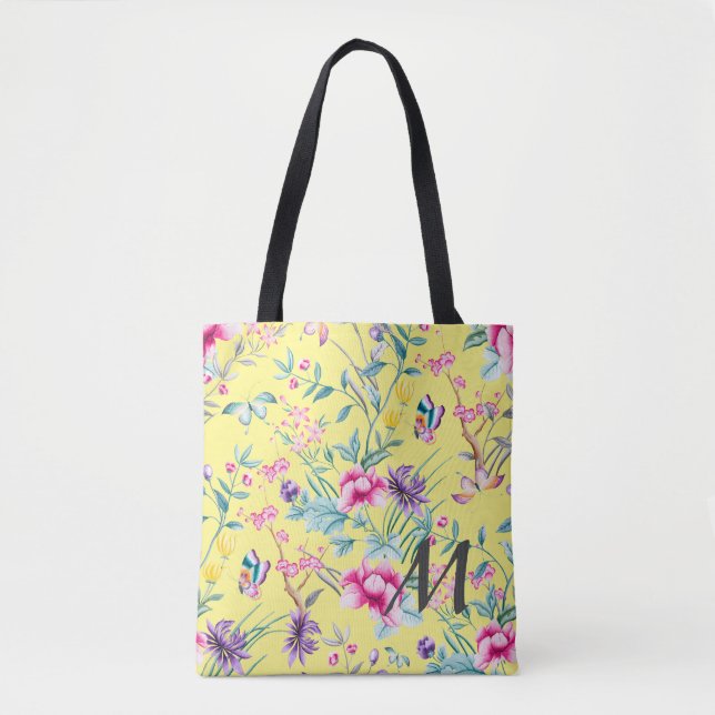 Bolsa Tote Monograma Floral e Borboleta Amarelo (Frente)