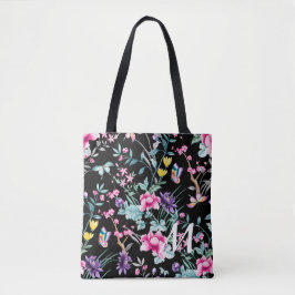 Bolsa Tote Monograma Floral e Borboleta Preta