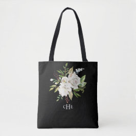 Bolsa Tote Monograma Floral Elegante de Aquarela a Preto