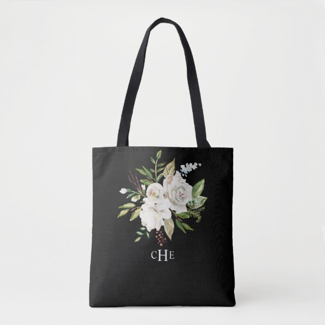 Bolsa Tote Monograma Floral Elegante de Aquarela a Preto (Frente)