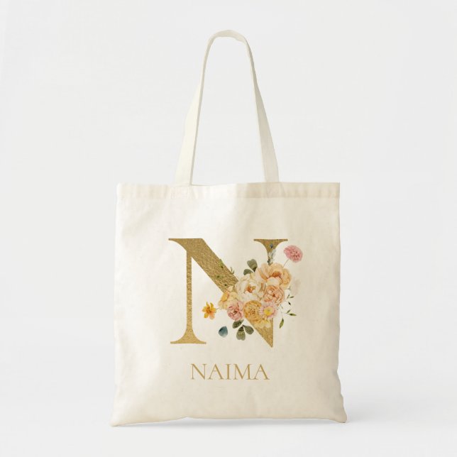 Bolsa Tote Monograma Floral em Aquarela com Letra  (Frente)