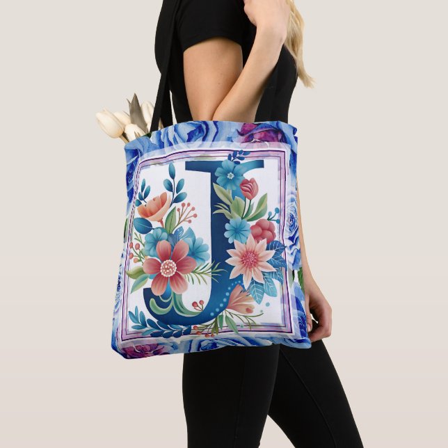 Bolsa Tote Monograma Floral em Aquarela Letra J (Close Up)