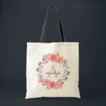 Bolsa Tote Monograma floral feminino elegante da grinalda do<br><div class="desc">Uma sacola doce e feminino que caracteriza um rosa cora e as flores cor-de-rosa florais da aguarela cinzenta envolvem-se. Personalize-a com uma inicial e um nome do monograma. Grande presente ou favores para casamentos,  chás de panela e chás de fraldas.</div>