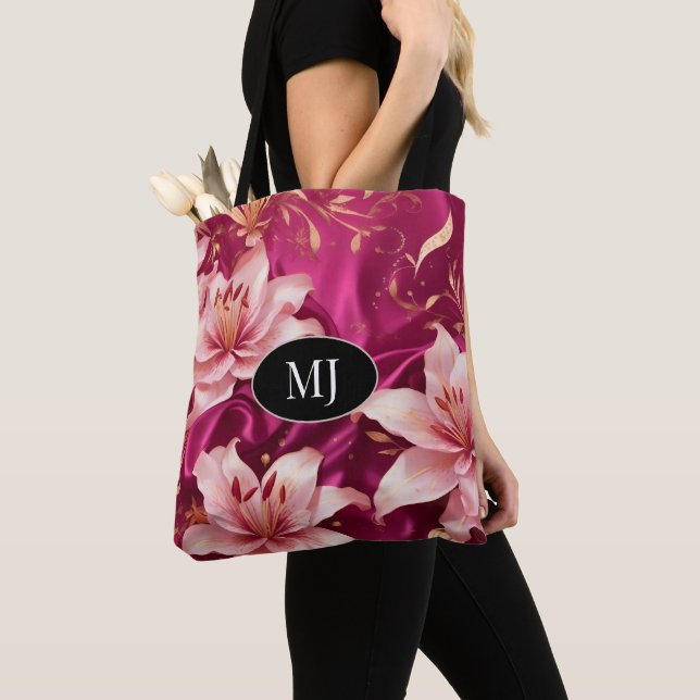 Bolsa Tote Monograma Floral Magenta Dourado Saco de Toques Pe (Close Up)