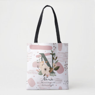 Bolsa Tote Monograma Floral N – Letra N Botânica Radiante