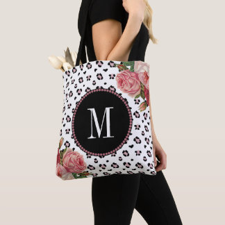 Bolsa Tote Monograma Floral Na moda Rosa Dourado Leopard Vint