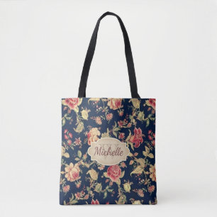Bolsa Tote Monograma floral & nome do rosa do azul do vintage