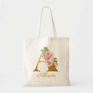 Bolsa Tote Monograma Floral Nome Personalizado Inicial Botâni