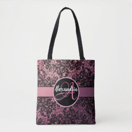 Bolsa Tote Monograma Floral Preto-na moda cor-de-rosa