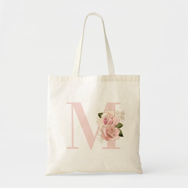 Bolsa Tote Monograma Floral Rosa Dourado Menina com Brilho (Frente)