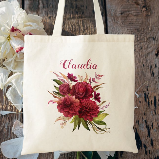 Bolsa Tote Monograma Floral Simples Burgundy Bridesmaid (Criador carregado)