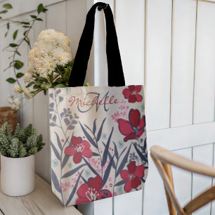 Bolsa Tote Monograma Floral Vermelho Moderno