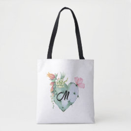 Bolsa Tote Monograma Flores de Aquarela Bonito Inicial Verde