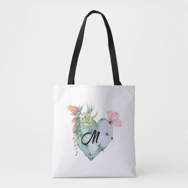 Bolsa Tote Monograma Flores de Aquarela Bonito Inicial Verde (Frente)