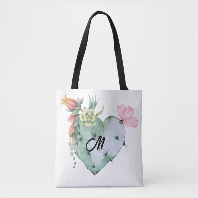Bolsa Tote Monograma Flores de Aquarela Bonito Inicial Verde (Frente)