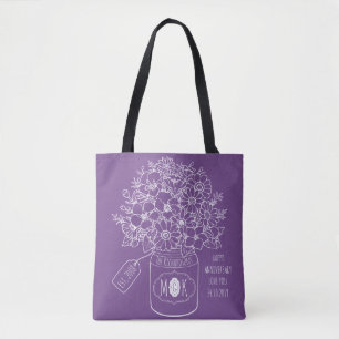 Bolsa Tote Monograma Flores Selvagens Buquê Mason Jar Desenha