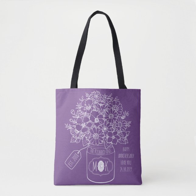 Bolsa Tote Monograma Flores Selvagens Buquê Mason Jar Desenha (Frente)