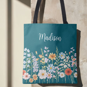 Bolsa Tote Monograma Flores Silvestres Florais Botânicas Aqua