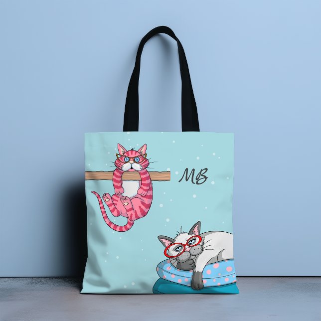Bolsa Tote Monograma Funny Whimsical Cats Trendy Modern (Criador carregado)