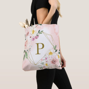 Bolsa Tote Monograma Geométrico Floral Rosa Bege Dourado