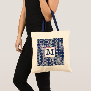 Bolsa Tote Monograma Geométrico Octogonal Preppy Navy Branco 