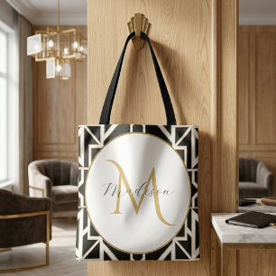 Bolsa Tote Monograma Geométrico Personalizado Preto Branco Do