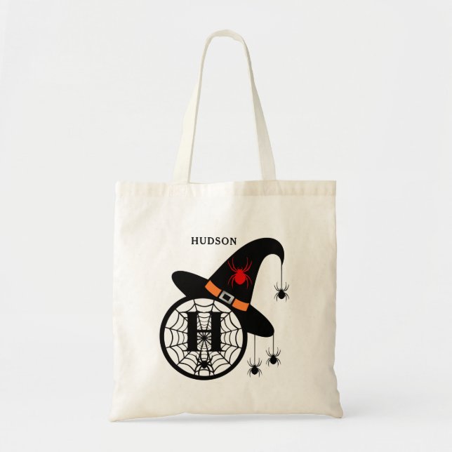 Bolsa Tote Monograma H Halloween Bruxas Aranha Seu Nome (Frente)