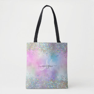Bolsa Tote Monograma Holográfico Glitter Arco-Íris Pastel