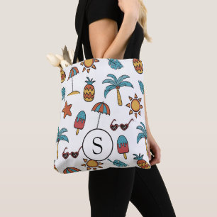 Bolsa Tote Monograma Ilustrado de Colagem de Verão de Praia