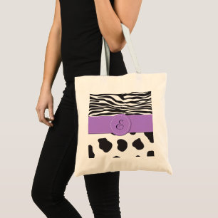 Bolsa Tote Monograma - impressão animal, vaca, zebra - branc