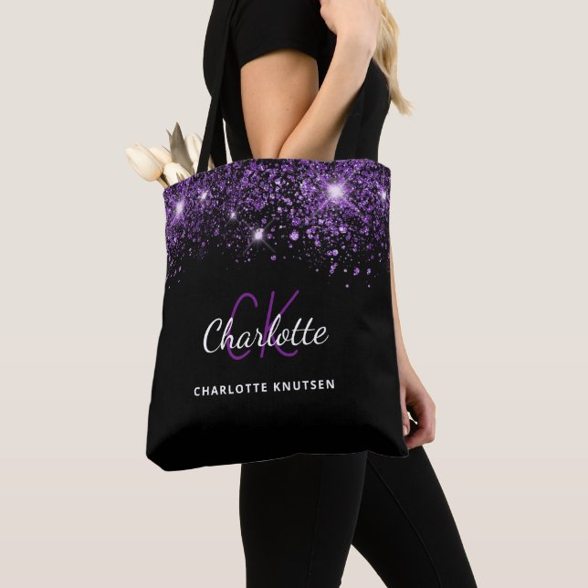 Bolsa Tote Monograma iniciais com glitter roxo preto (Close Up)