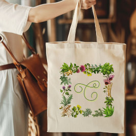 Bolsa Tote Monograma inicial de borda de plantas