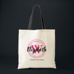 Bolsa Tote Monograma Inicial de Script Rosa Chic Personalizad<br><div class="desc">Bolsa tote simples é personalizada com seu primeiro nome sobre a inicial do seu primeiro ou último nome,  rodeado por círculos rosa quente e seu nome completo abaixo. Ideal para você,  para suas damas de honra,  clube do livro ou presentes de aniversário. MAIS cores em nossa loja.</div>
