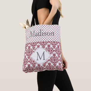 Bolsa Tote Monograma Inicial de Tendência Rapariga Maroon e