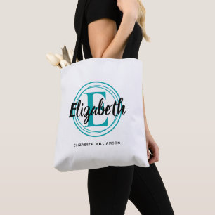 Bolsa Tote Monograma Inicial de Turquesa na Moda Nome em Rote