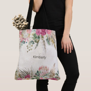 Bolsa Tote Monograma Inicial Floral Boho Pastel Neutro