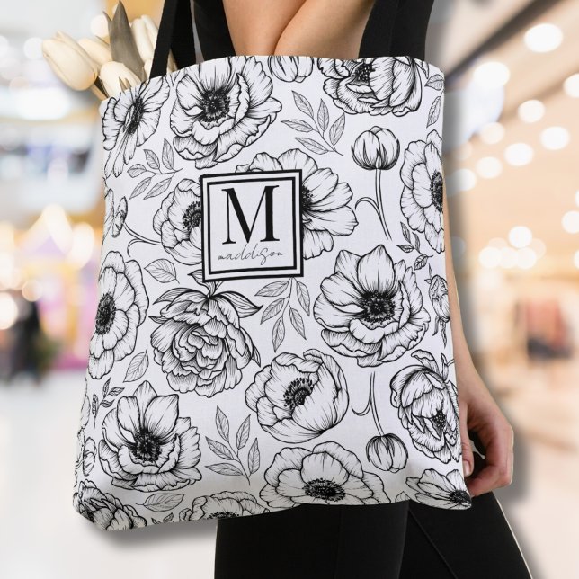 Bolsa Tote Monograma Inicial Floral Elegante (Elegant Floral Initial Monogram Tote Bag)