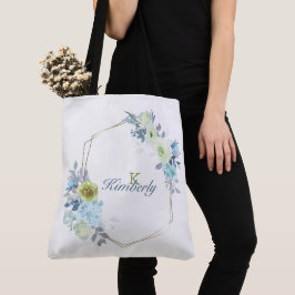 Bolsa Tote Monograma Inicial Floral Verde Amarelo Azul Claro