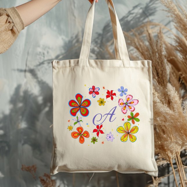 Bolsa Tote Monograma Inicial Ilustrado de Flores Divertidas (Criador carregado)